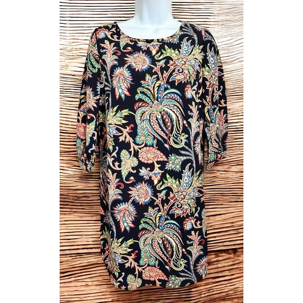 Flamingo Colorful Paisley Dress Sz Small Round Hem Above the Knee 3/4 Sleeve